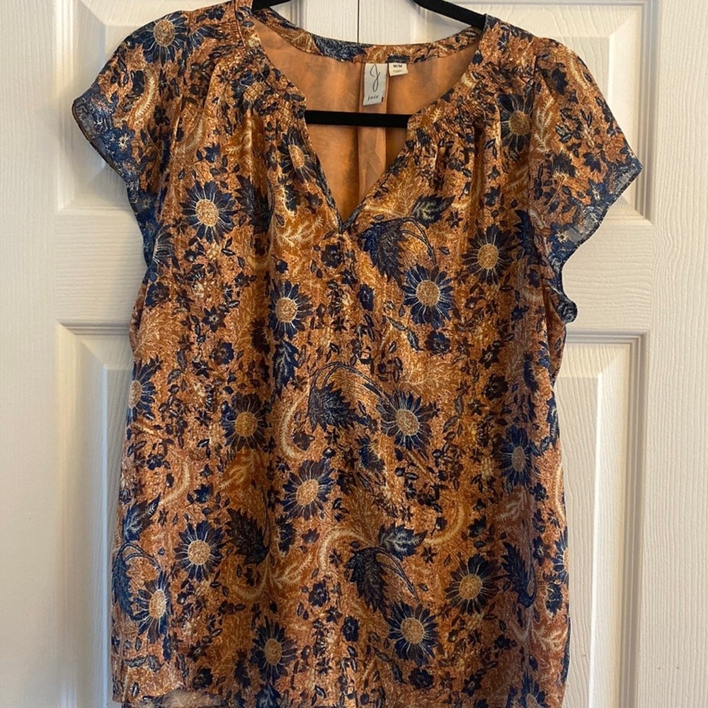 Joie Floral Flutter Sleeve Blouse Womens Size M Orange Blue Boho‎ Peasant Earthy